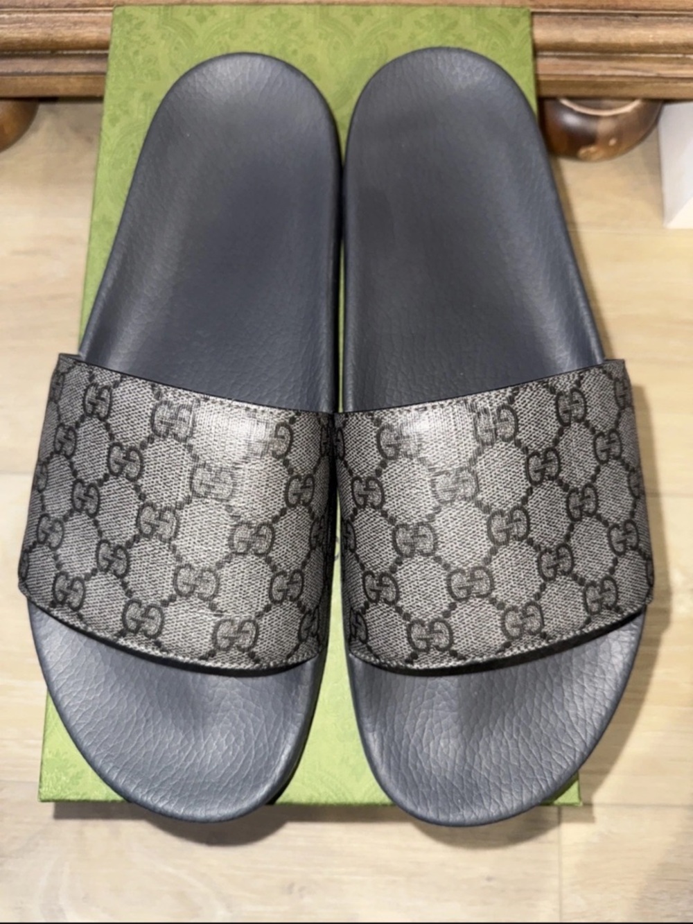 Gucci Men Gray and Black GG Monogram Slide Sandals - Picture 2 of 6
